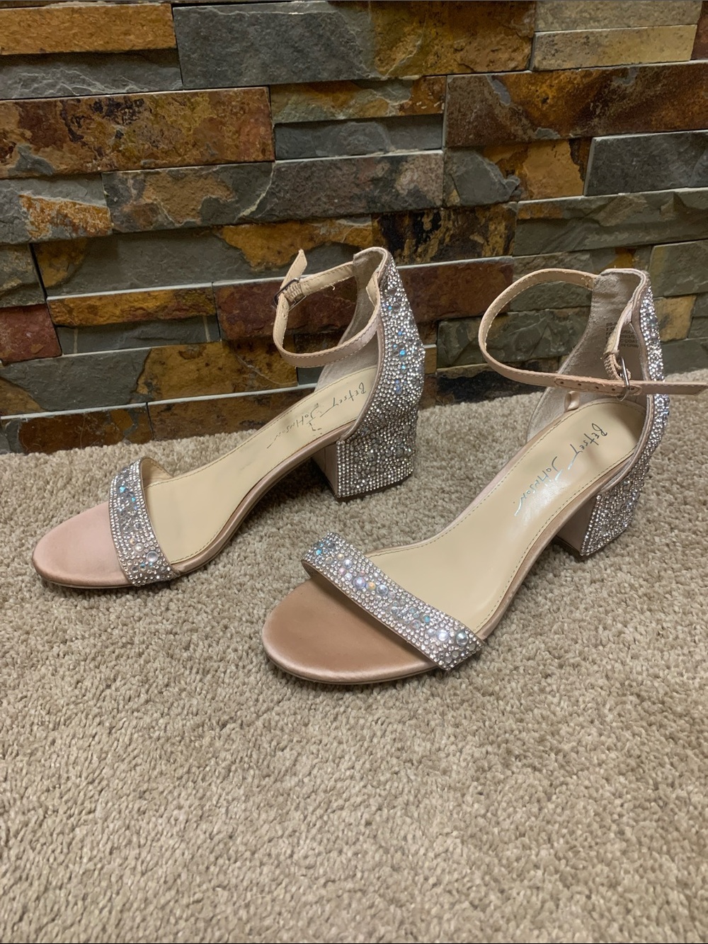 Betsey Johnson Rose Gold Crystal Block Heel Sandals